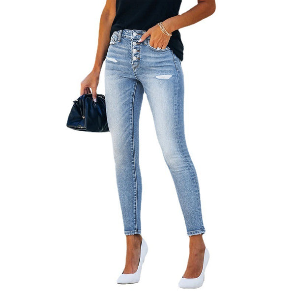 Trend Blue Hight Waist Casual Ripped Streetwear Pant Jeans Women