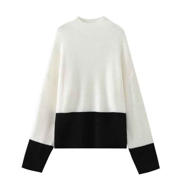 Women Knitted Patchwork Sweaters Slim Pullovers Mock Neck Long Sleeve Female Top