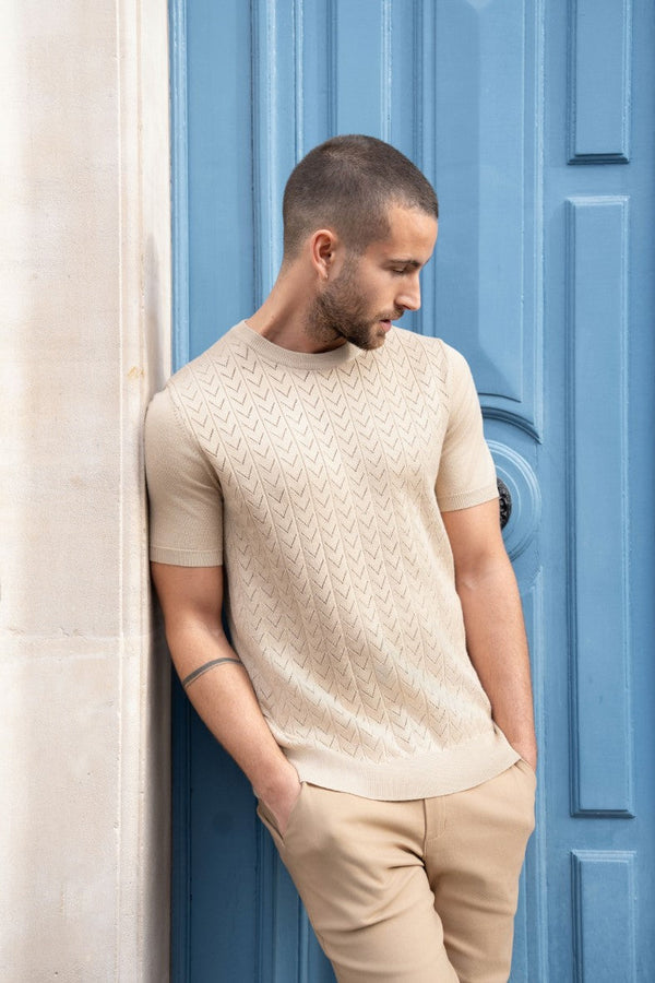 Beige Short-sleeved T-shirt with knitted patterns