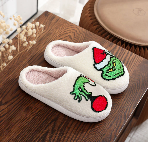 Christmas Green Fur Christmas Hat Slippers Men and Women Home Winter Fur Slippers