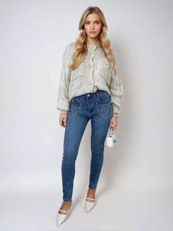 Rhinestone Embellished Skinny Fit Mid Rise Jeans