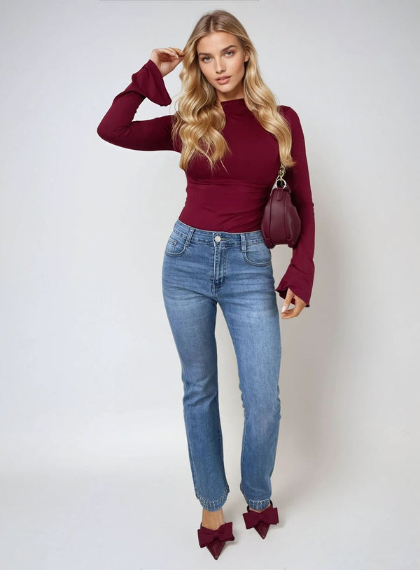 Rhinestone Hem High Waist Flare Jeans