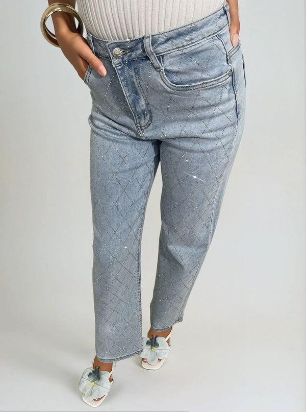 Diamond Pattern Embellished High Waisted Jeans