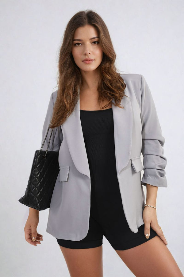 Ruched Sleeve Open Front Blazer Jacket with Front Pockets