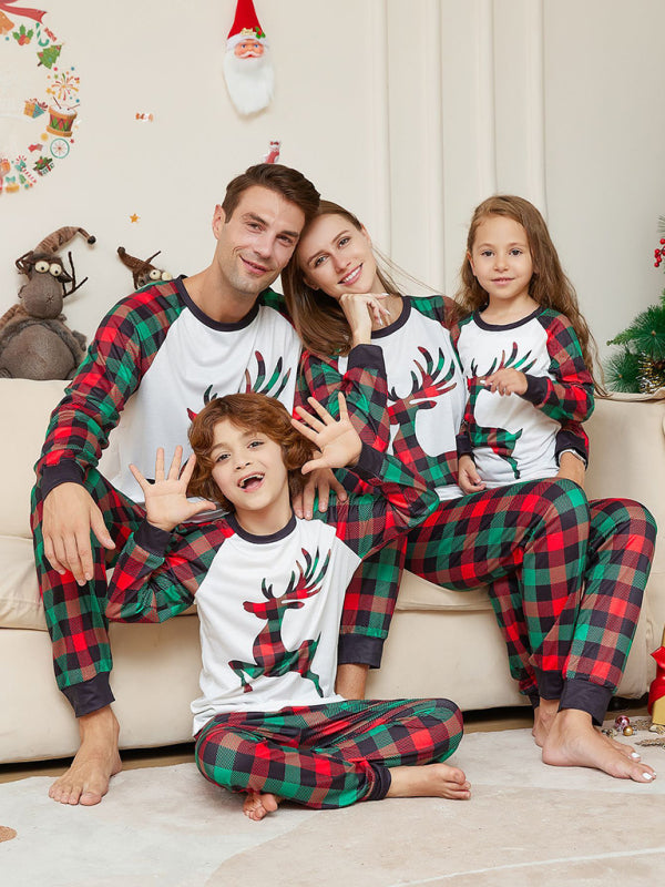 New Christmas parent-child cartoon elk plaid print Christmas pajamas set