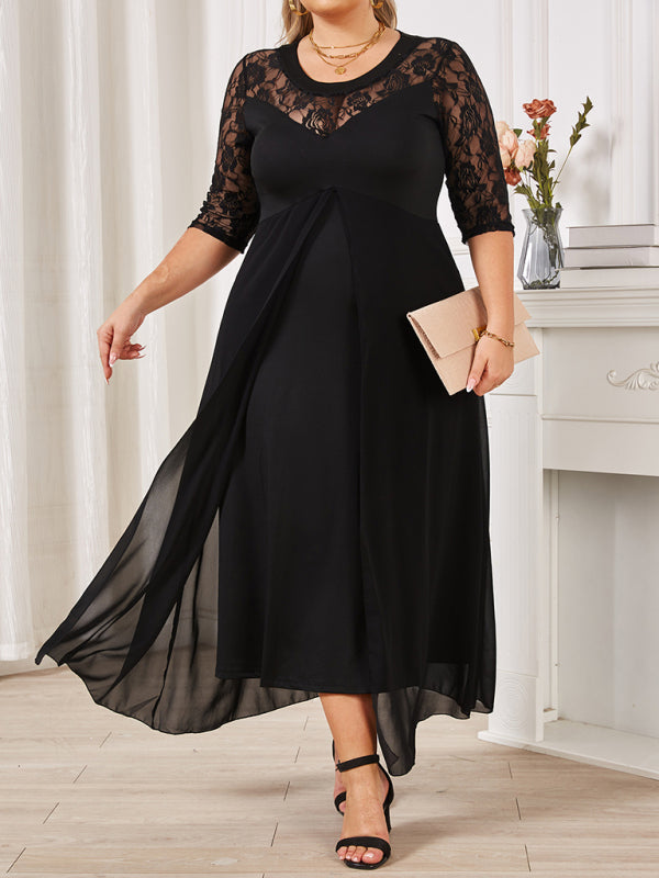 Plus size women's round neck lace splicing V neck half sleeve big swing dress