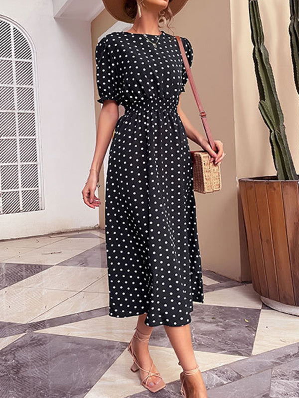 Mid-length skirt temperament retro women's black polka dot slim dress