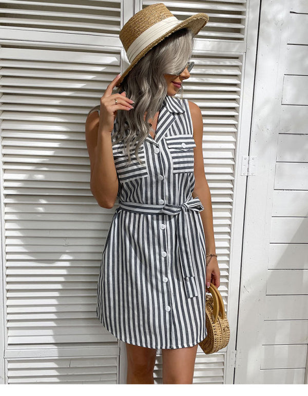 Nipped Waist Shirt Dress Lapel Grey Beach Stripe Dress