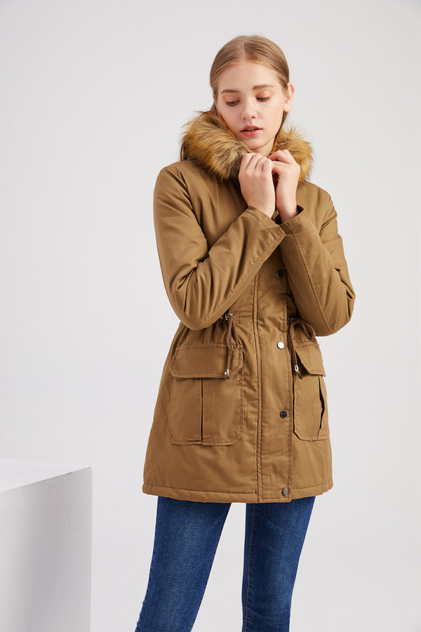 New Size Fleece Lined Coat Hooded Fur Collar Winter Warm Coat Plus Size Women Cotton-Padded Jacket