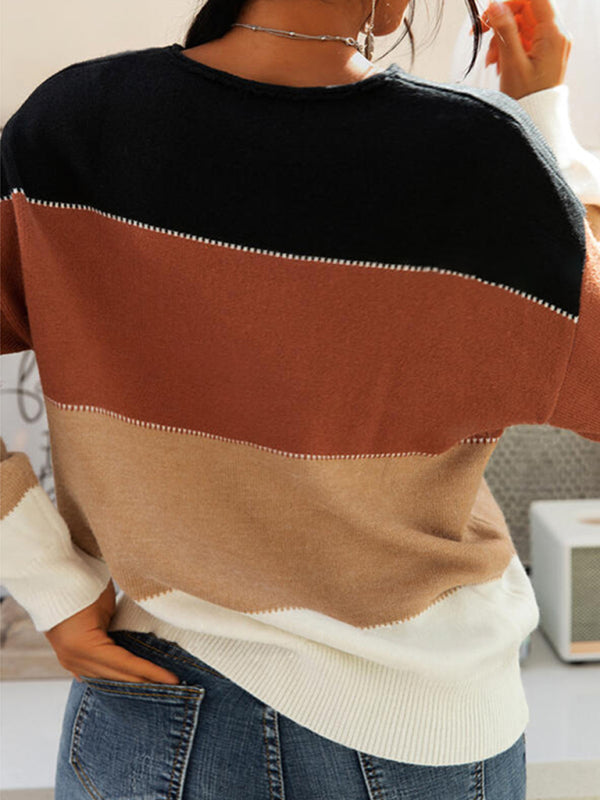 Women's Striped Contrast Long Sleeve Crewneck Knit Sweater