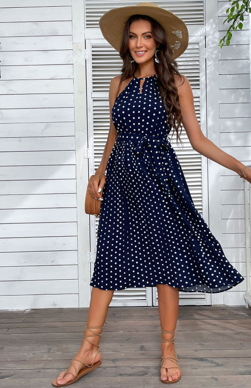 Women's Midi Dress Blue Sling Polka Dot Beach Dress