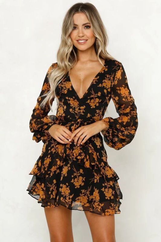 New Fashion Flower Print Long Sleeve Dress