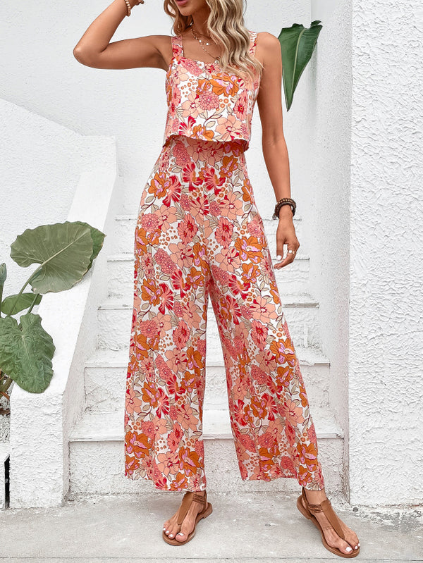 Women's Printed Square Neck Camisole Trousers Vacation Jumpsuit for Women