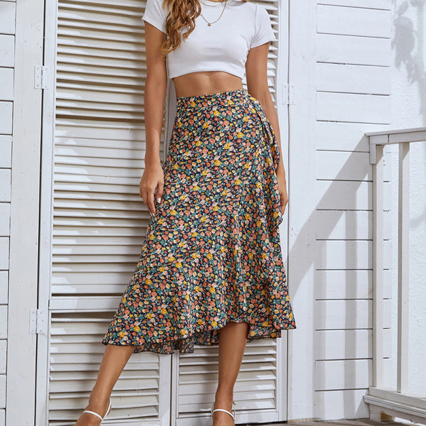 Women's Floral Print Wrap Midi Skirt