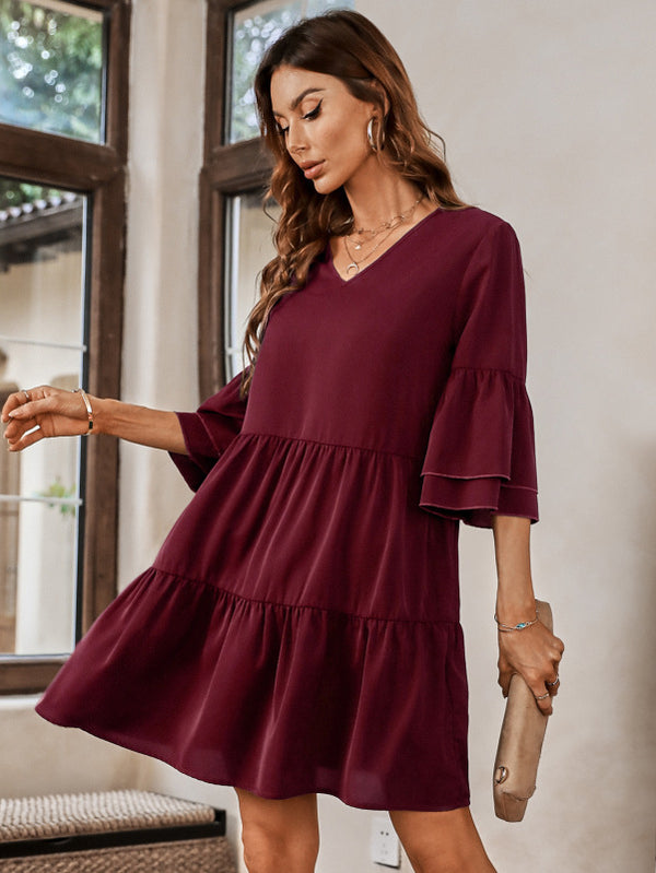 Women's Solid Color V-Neck Ruffle Sleeve Tiered Dress