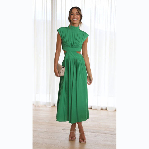 Stand Collar Macaron Open Waist Pleated Long Dress