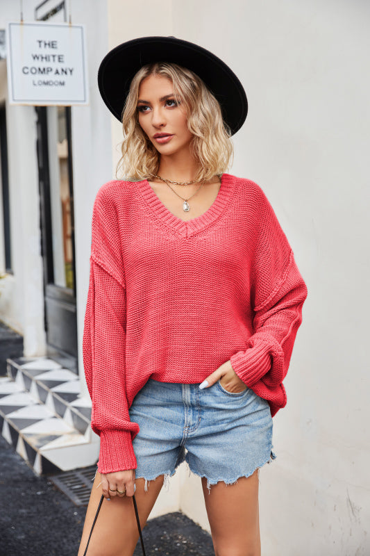 Women's V-neck loose pullover sweater