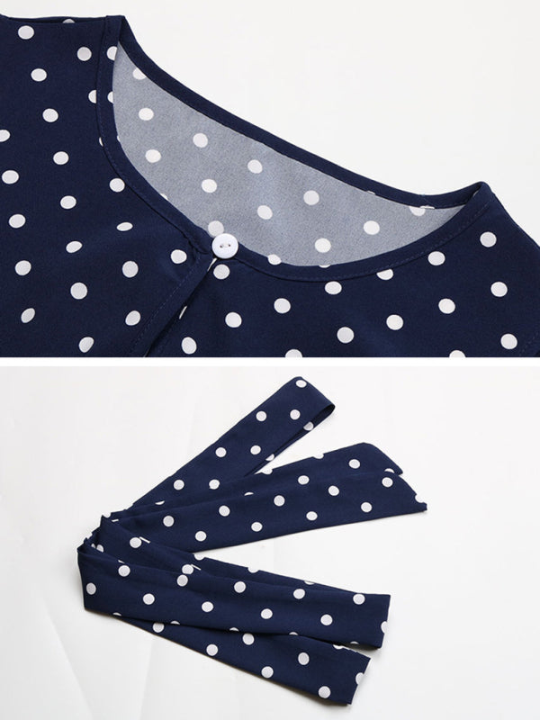 Fashion women's round neck short sleeve polka dot pleated dress