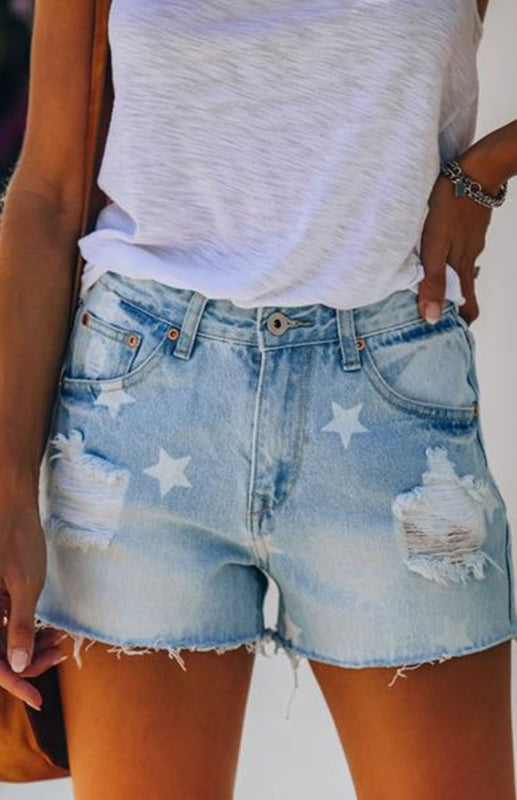 Pantaloncini di jeans da donna Pantaloncini sfilacciati strappati con stampa pentagramma 