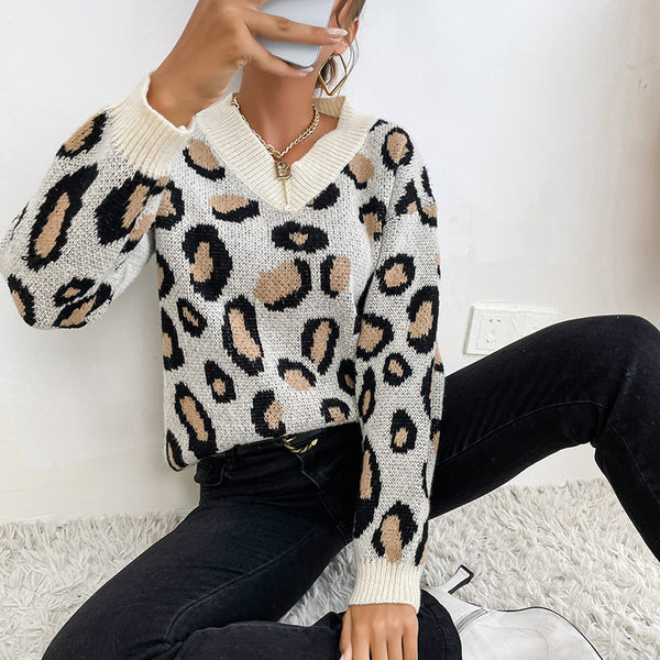 women's pullover knitted long sleeve leopard print sweater