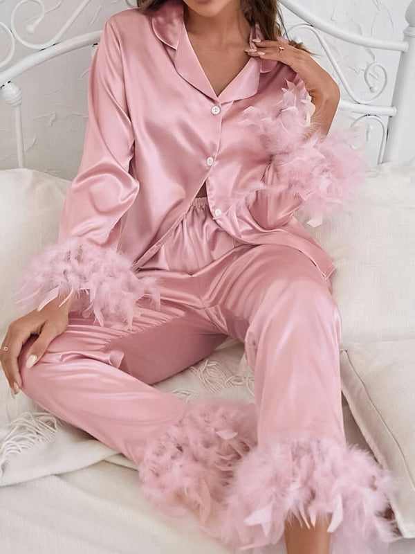 Women's ostrich feather shirt and trousers loose two-piece feather home clothes