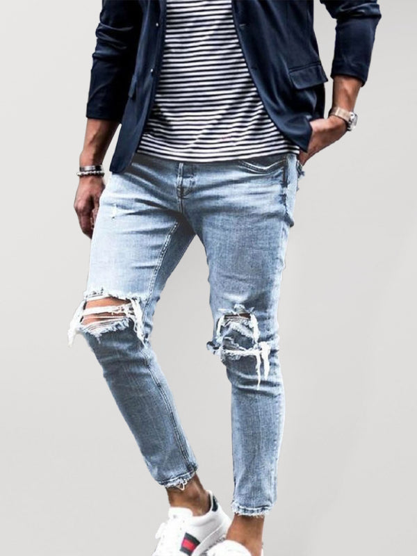 Jeans a matita strappati casual in tinta unita da uomo 