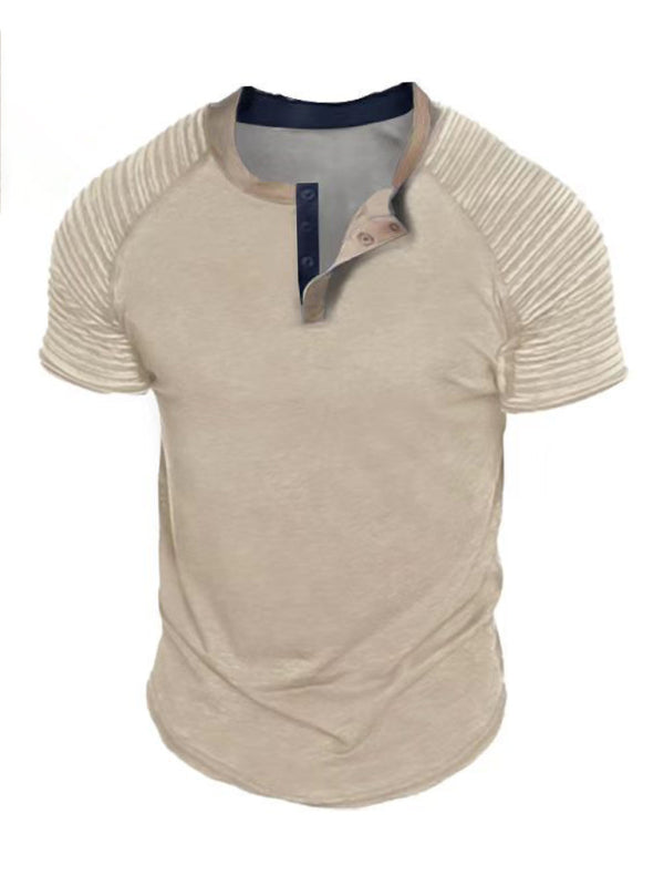 T-shirt con colletto a bottoni, manica corta, casual, a pieghe, top da uomo 