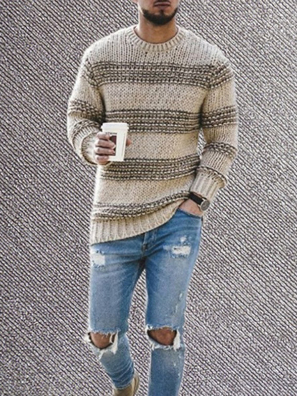 Maglione da uomo lavorato a maglia a maniche lunghe, girocollo, a righe, aderente 