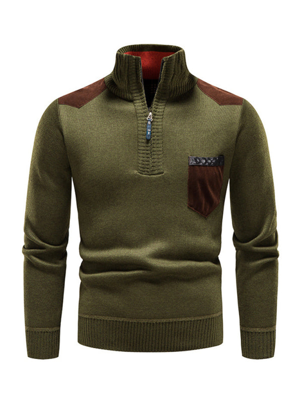 Maglione pullover da uomo con bavero e mezza zip patchwork ispessito con colletto rialzato 