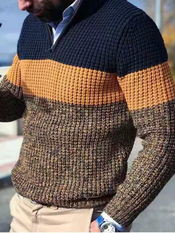 Maglione casual da uomo con scollo a V color block a mezza piattaforma con cerniera e colletto rialzato 