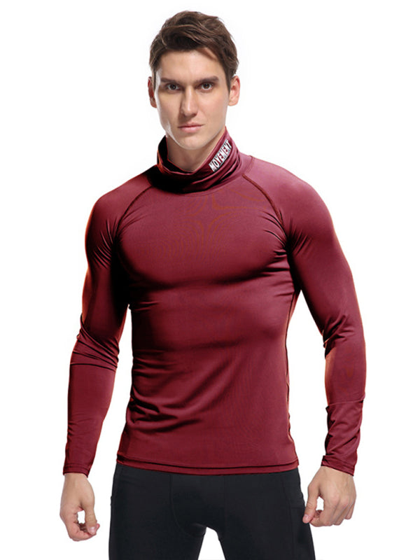 Nuova T-shirt sportiva a maniche lunghe aderente ad alta elasticità a collo alto da uomo 