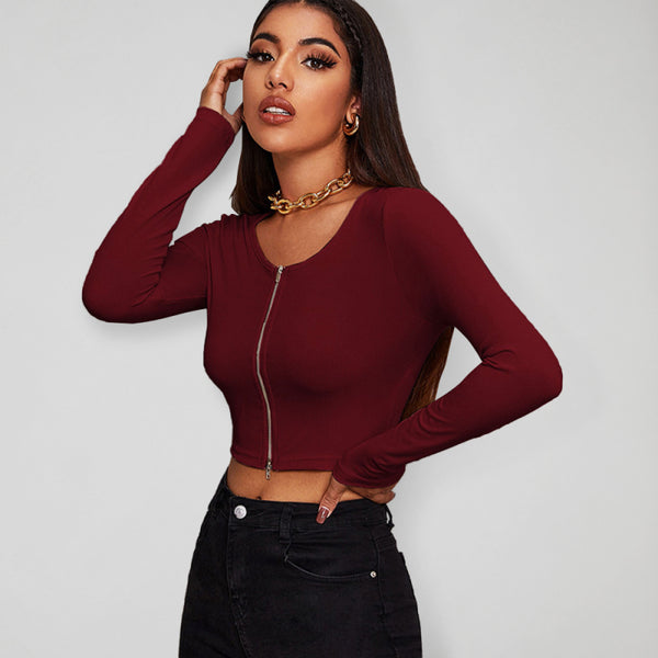 Women’s Basic Fitted Long Sleeve Blouse With Zip Up Front And Rounded Neckline