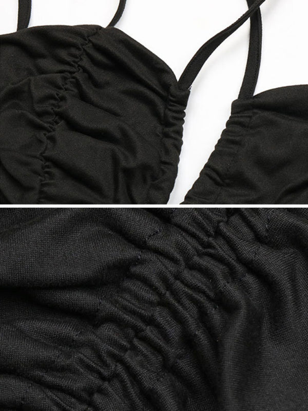 Black package hip skirt suspenders solid color pleated dress
