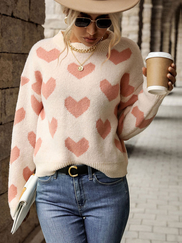 Maglione rosa a maniche lunghe a cuore casual lavorato a maglia 