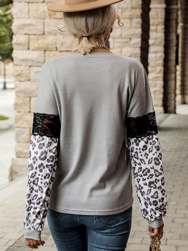 women's leopard print long-sleeved contrast color knitted top