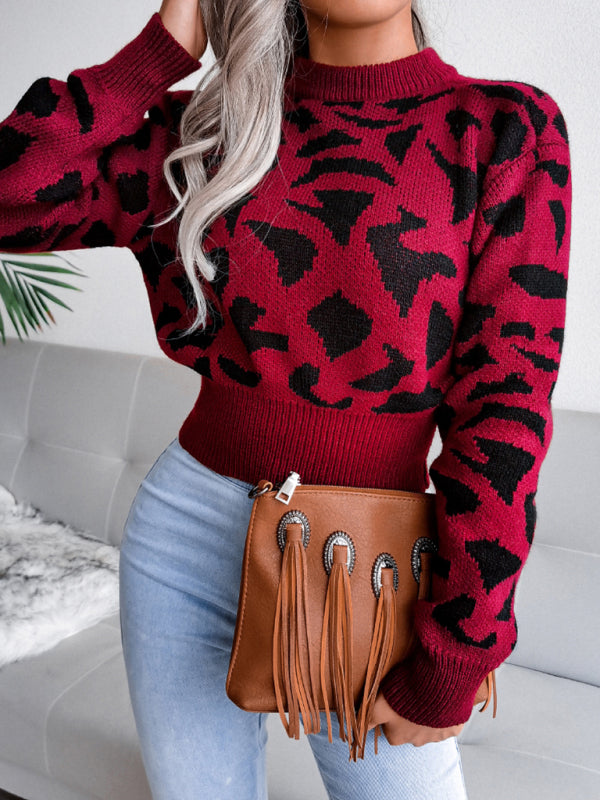 Maglione da donna casual in maglia con ombelico lavorato a maglia con vita leopardata 