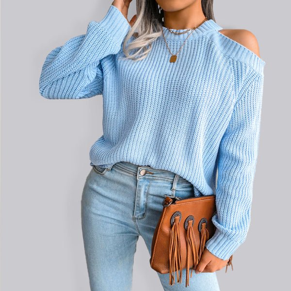 Women’s Thick Knit Loose Fit Knit Shoulderless Wool Solid Color Sweater