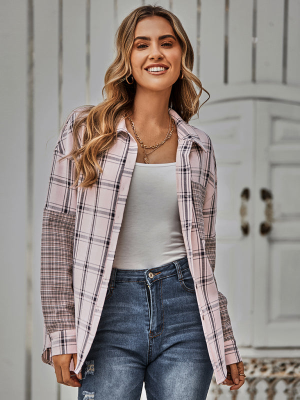 Women's single breasted Plaid stitched shirt