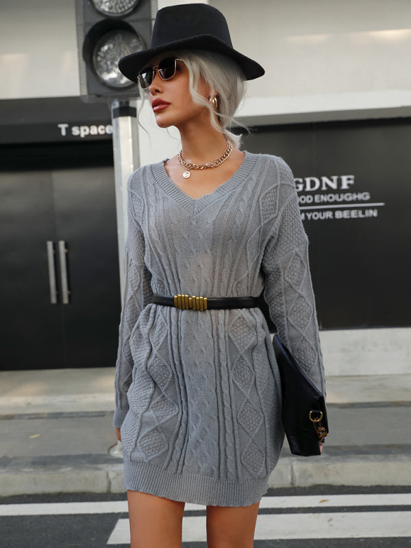Women’s Woven Knit Wide V Neck Sweater Dress With Long Sleeves