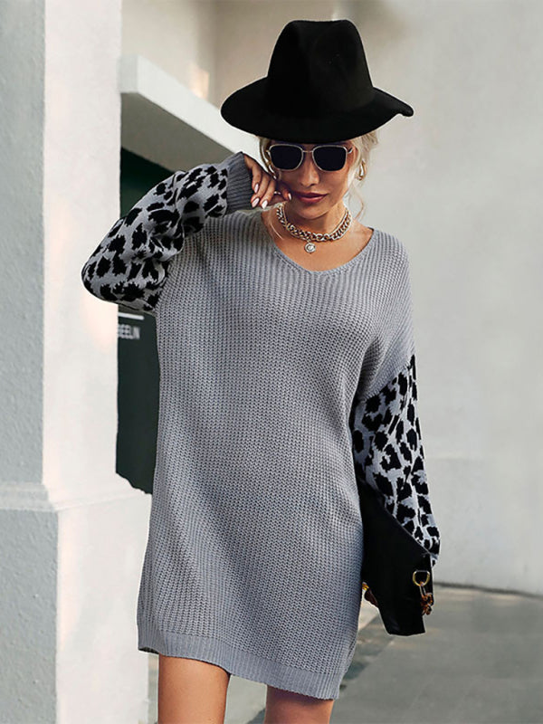 Women’s Loose Relax Leopard Sleeve Print Sweater Dress