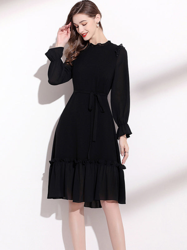Women’s Ruffle Neckline With Bell Style Sleeves Dress