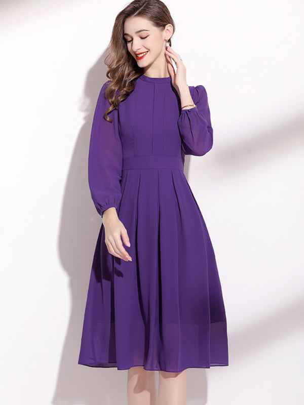 Women’s Crew Neck Long Sleeve Fitted Slightly Puffed Midi Dress