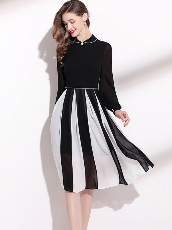 Women’s Classy Aline Fit Cocktail Dress With Collar And Contrast Striped Skirt