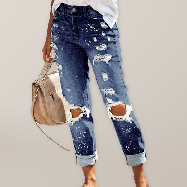 Jeans in denim con gamba dritta strappata stile cinque tasche da donna 