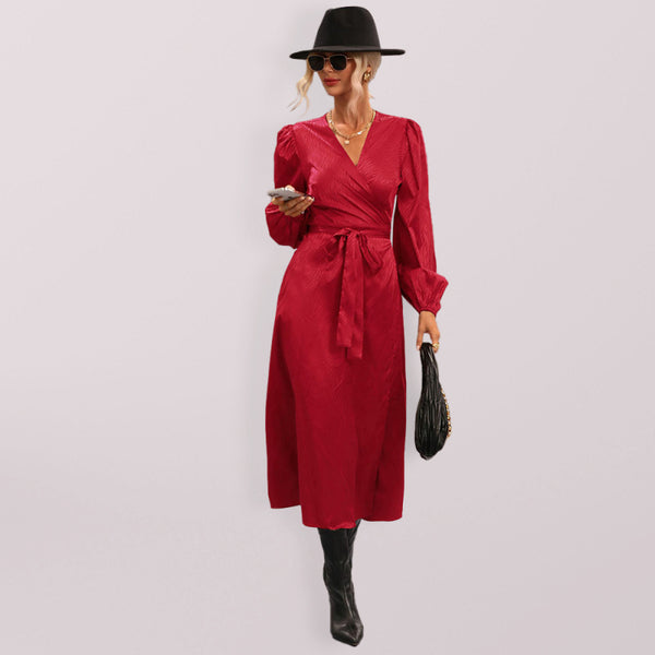 Women’s Solid Color V-neck Puff Long Sleeve Wrap Midi Dress With Removable Sash