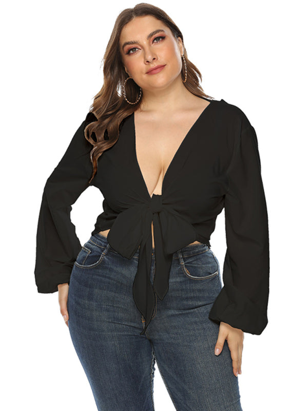 Plus size women's clothing -Short Tube Top Solid Color Long Sleeve Sexy Women's Pajamas