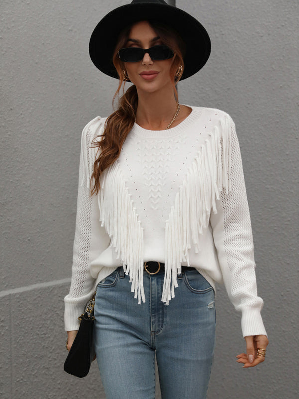 Women’s Solid Color Knit Fringed Sweater