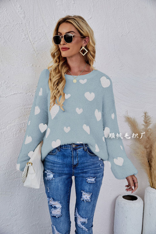 Women's Allover Heart Print Long Sleeve Sweater