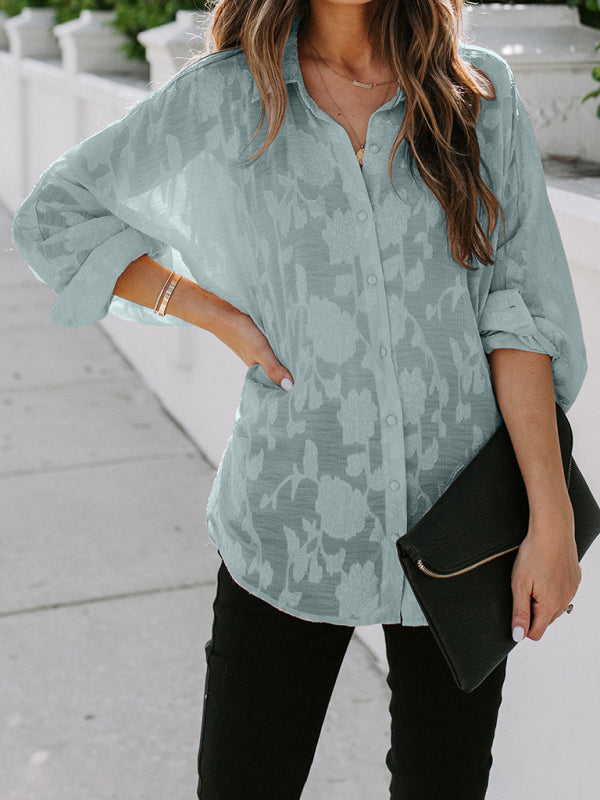 Women's Solid Color Mesh Sheer Lace Floral Print Button Front Shirt
