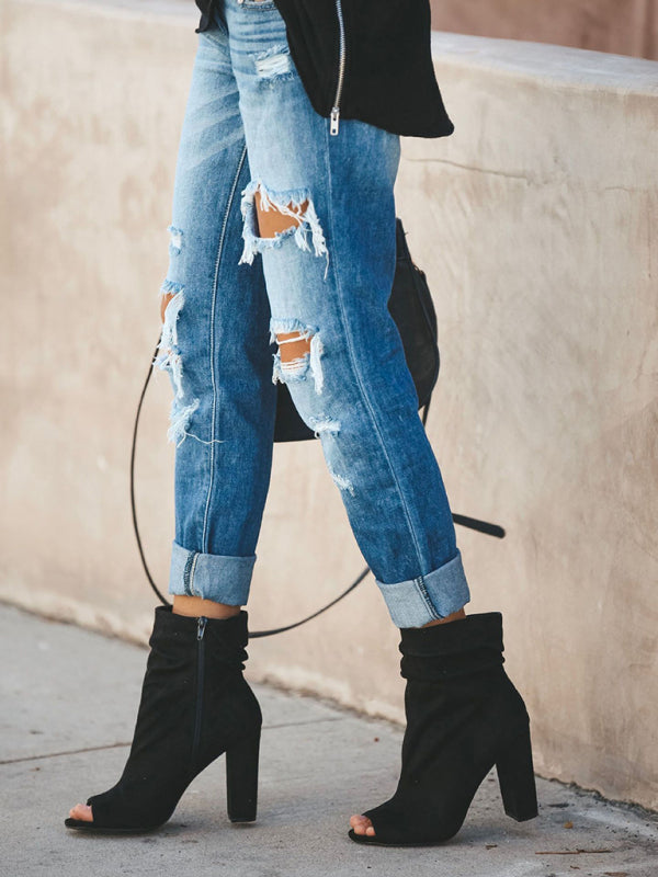 Nuovi jeans casual stile street, lavati, strappati, a gamba dritta 